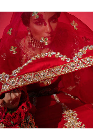 Pakistani Blood Red Embellished Silk Lehenga Choli (3-Piece) - Image 11