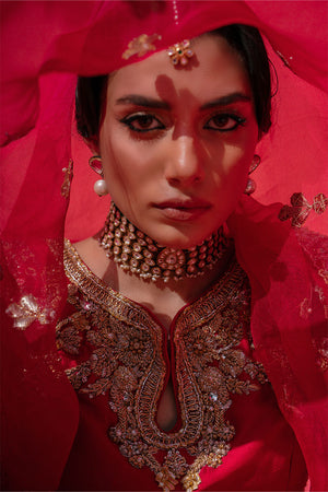 Pakistani Blood Red Embellished Silk Lehenga Choli (3-Piece) - Image 3