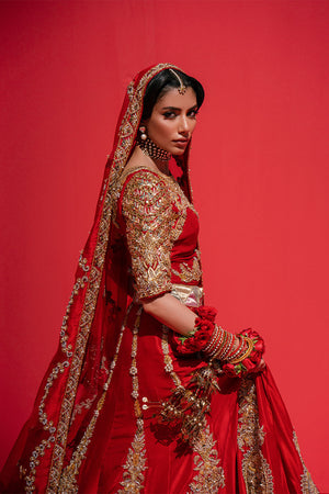 Pakistani Blood Red Embellished Silk Lehenga Choli (3-Piece) - Image 4
