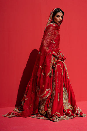 Pakistani Blood Red Embellished Silk Lehenga Choli (3-Piece) - Image 6