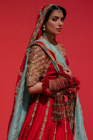 Pakistani Blood Red Embellished Silk Lehenga Choli (3-Piece) - Image 7