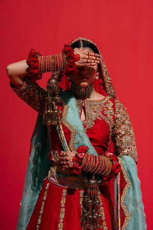 Pakistani Blood Red Embellished Silk Lehenga Choli (3-Piece) - Image 8