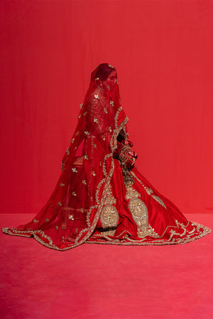 Pakistani Blood Red Embellished Silk Lehenga Choli (3-Piece) - Image 9