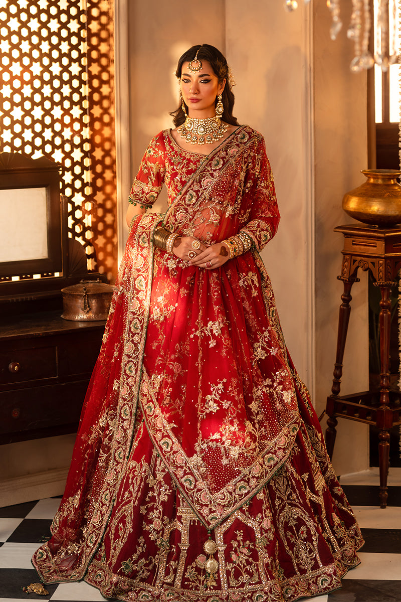 Pakistani Crimson Zardozi Silk Bridal Lehenga (3-Piece) - Image 1