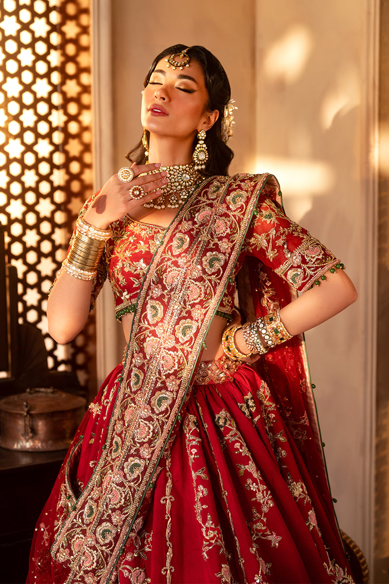 Pakistani Crimson Zardozi Silk Bridal Lehenga (3-Piece) - Image 2