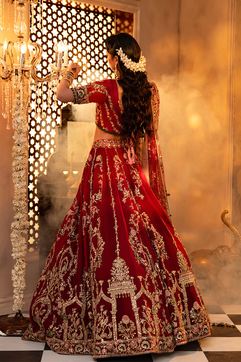 Pakistani Crimson Zardozi Silk Bridal Lehenga (3-Piece) - Image 3