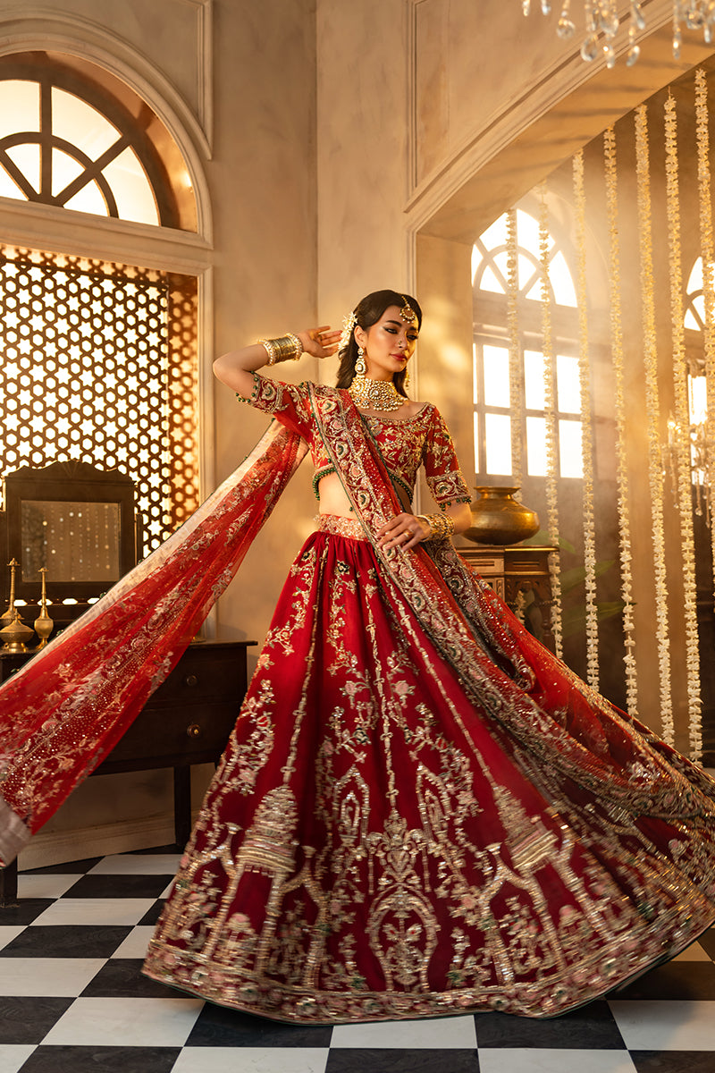 Pakistani Crimson Zardozi Silk Bridal Lehenga (3-Piece) - Image 4