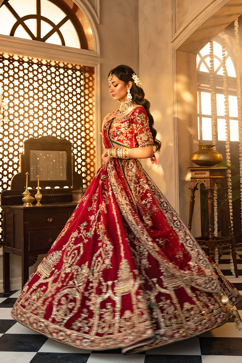 Pakistani Crimson Zardozi Silk Bridal Lehenga (3-Piece) - Image 5