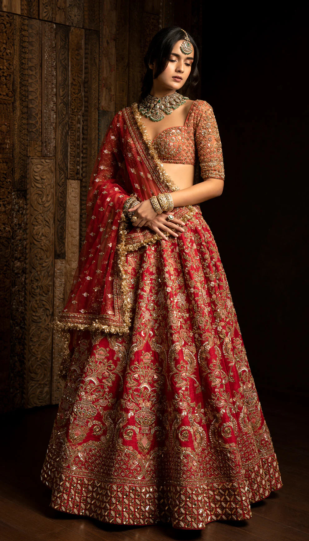 Indian Red Embellished Silk Bridal Lehenga (3-Piece) - Image 1