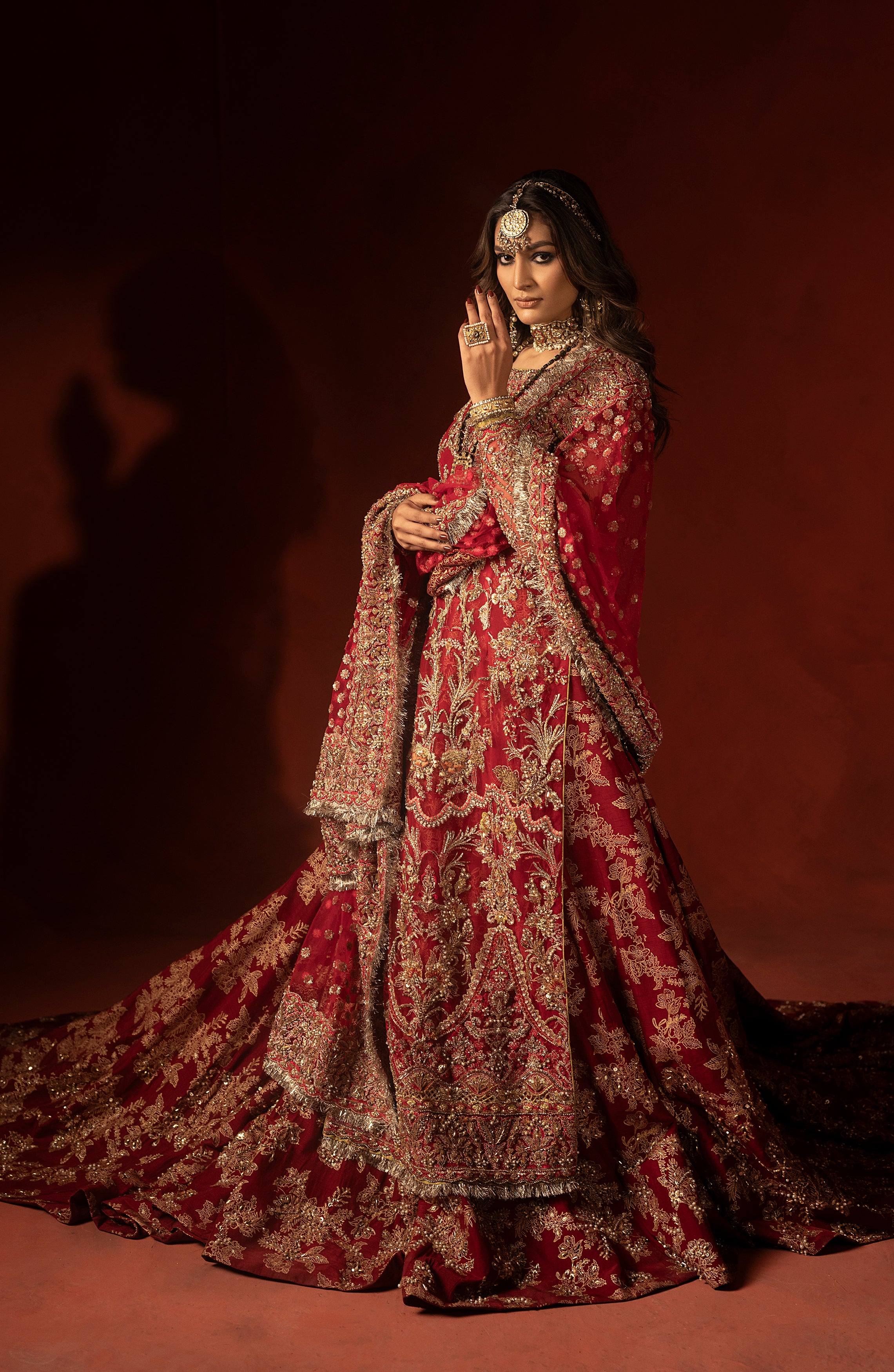 Pakistani Raspberry Red Embellished Silk Lehenga Set (3-Piece) - Image 10