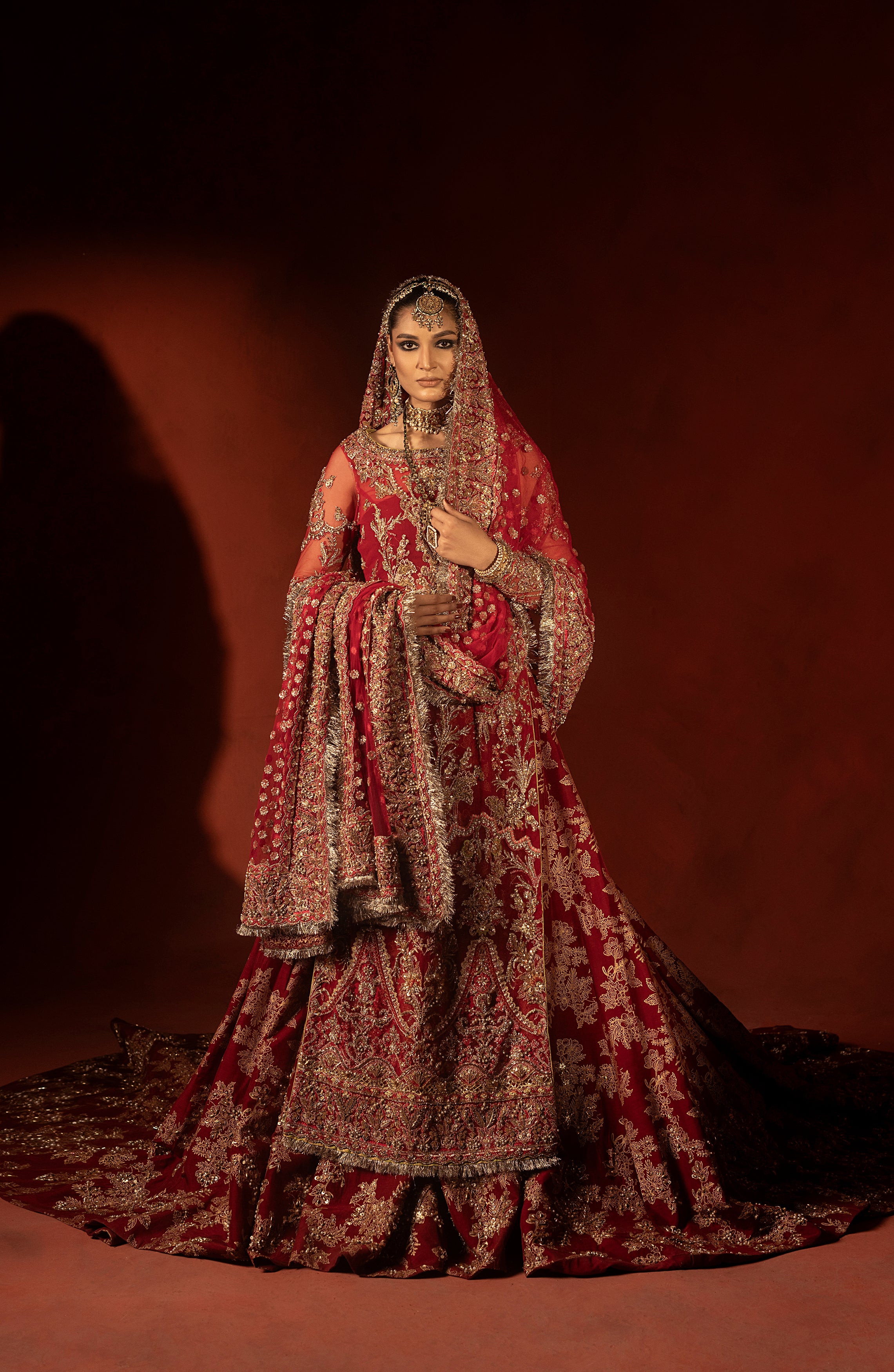 Pakistani Raspberry Red Embellished Silk Lehenga Set (3-Piece) - Image 11
