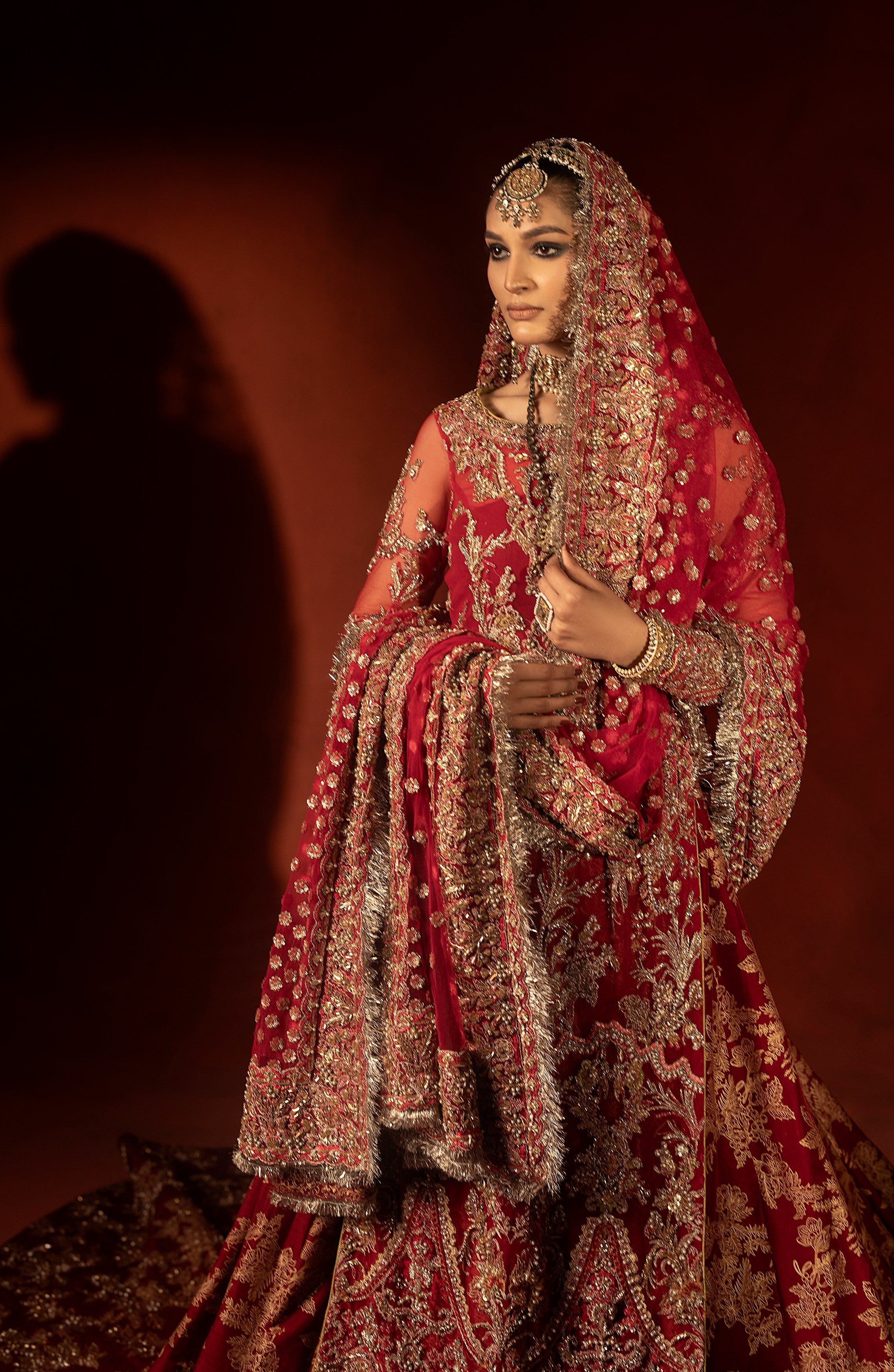 Pakistani Raspberry Red Embellished Silk Lehenga Set (3-Piece) - Image 12