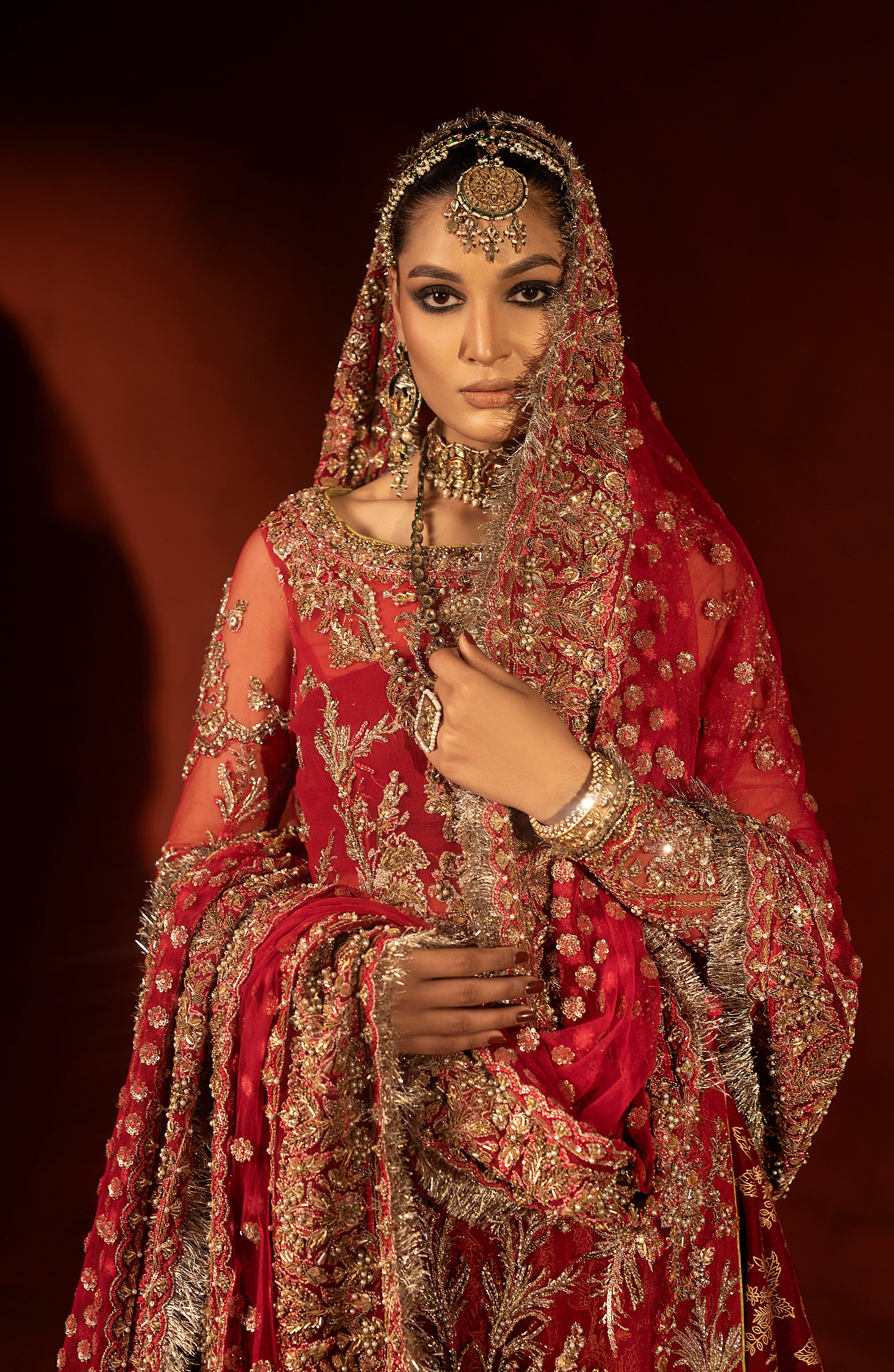 Pakistani Raspberry Red Embellished Silk Lehenga Set (3-Piece) - Image 13