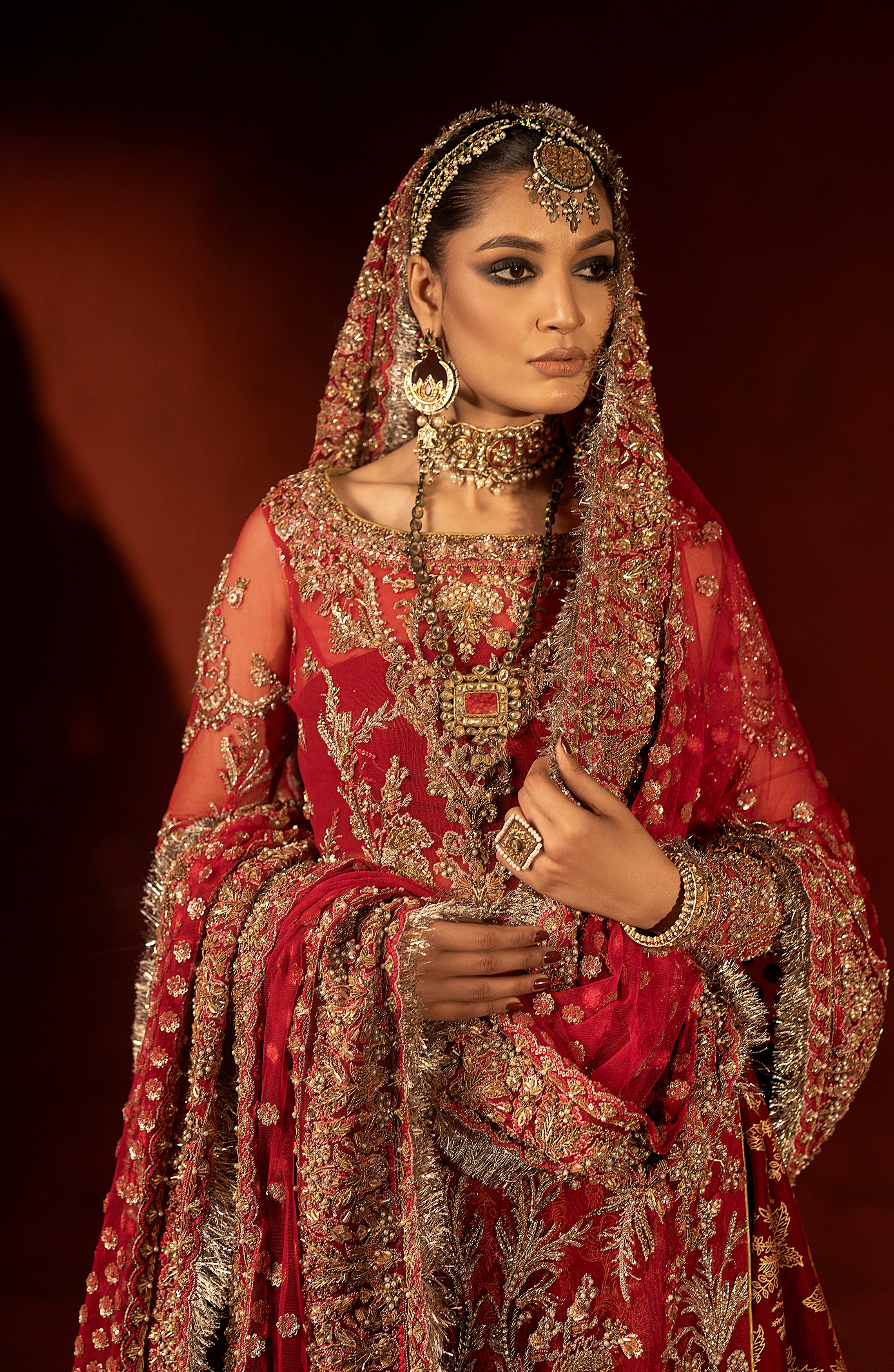 Pakistani Raspberry Red Embellished Silk Lehenga Set (3-Piece) - Image 14