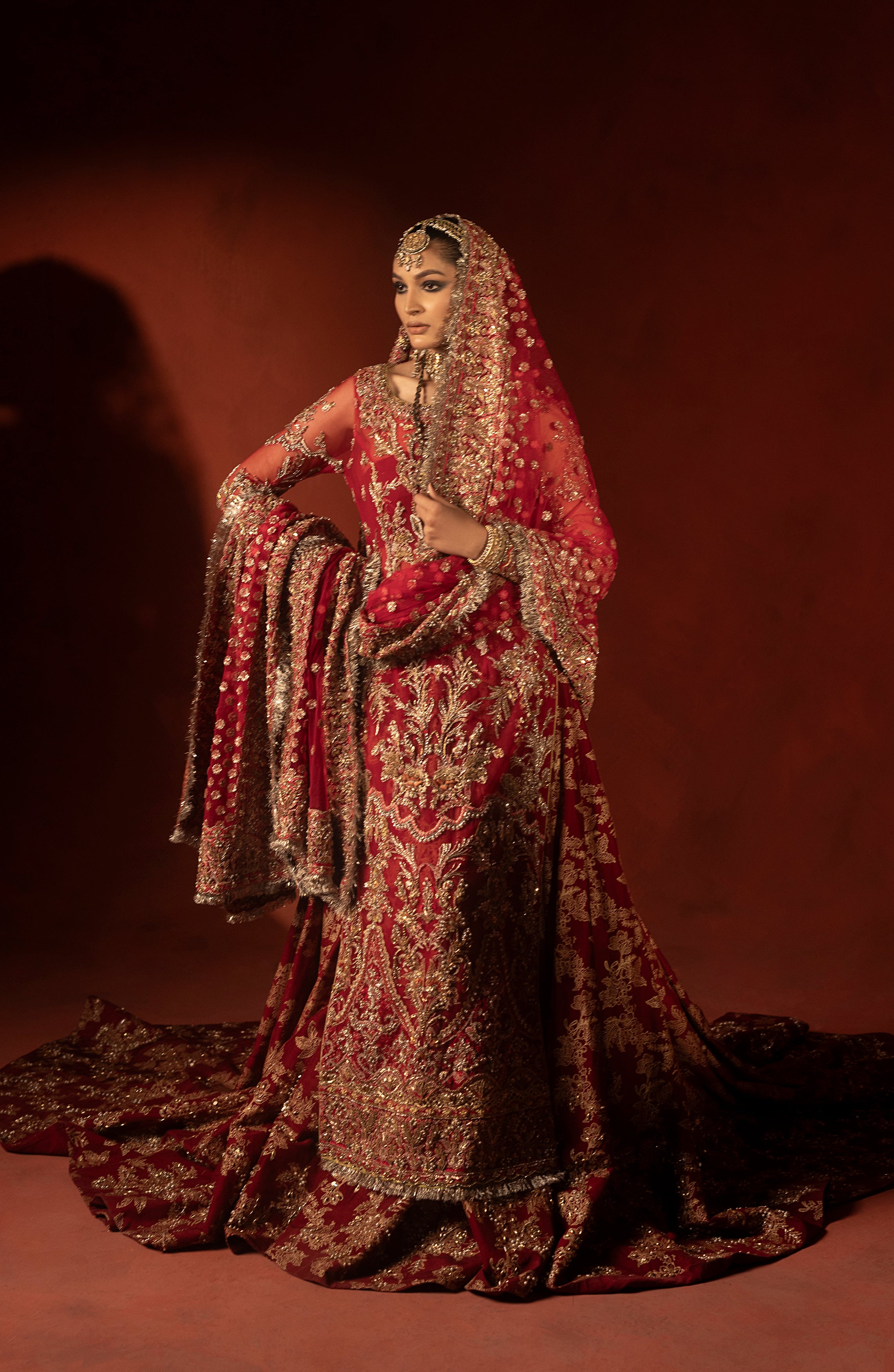 Pakistani Raspberry Red Embellished Silk Lehenga Set (3-Piece) - Image 15