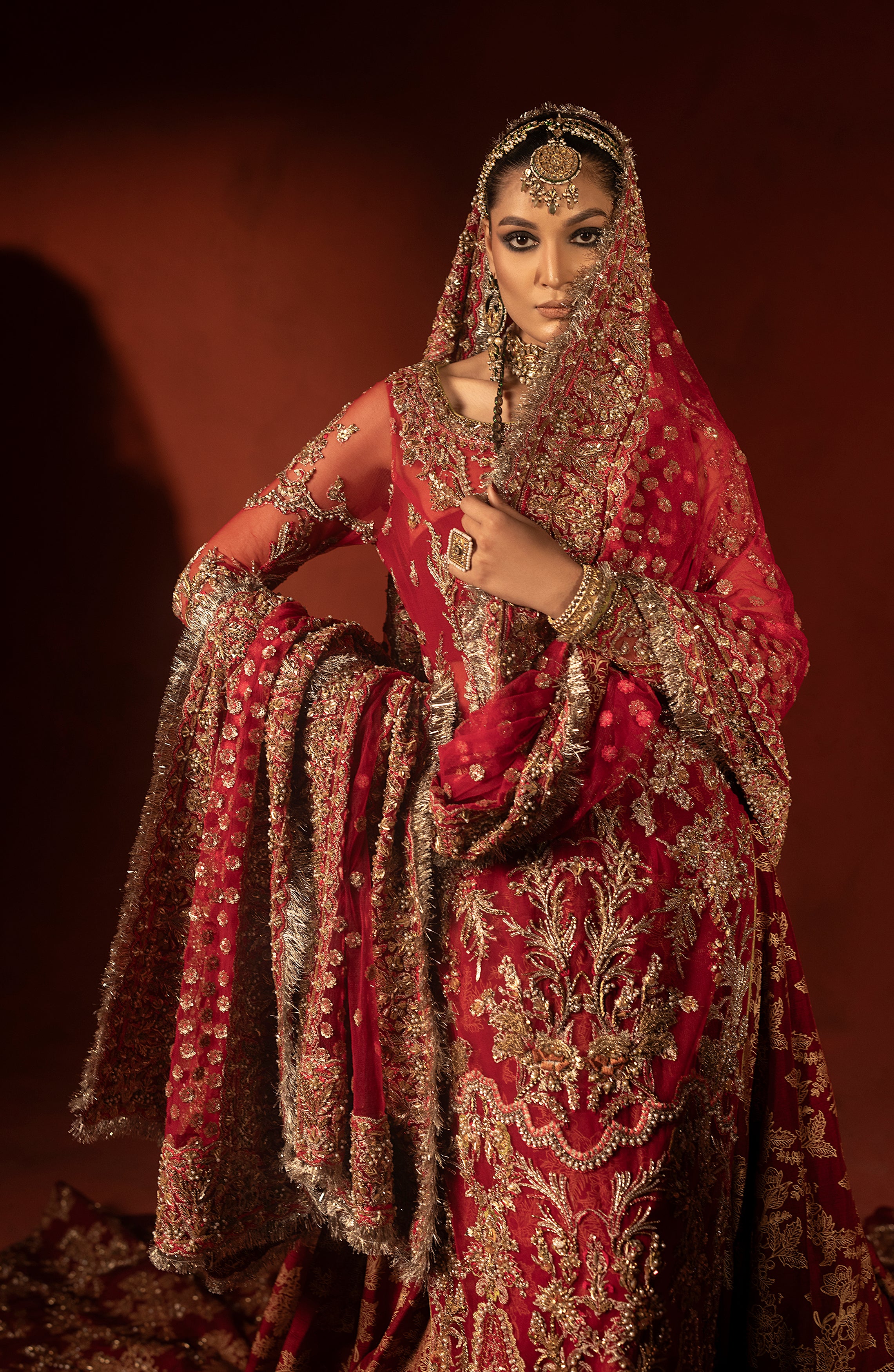 Pakistani Raspberry Red Embellished Silk Lehenga Set (3-Piece) - Image 16