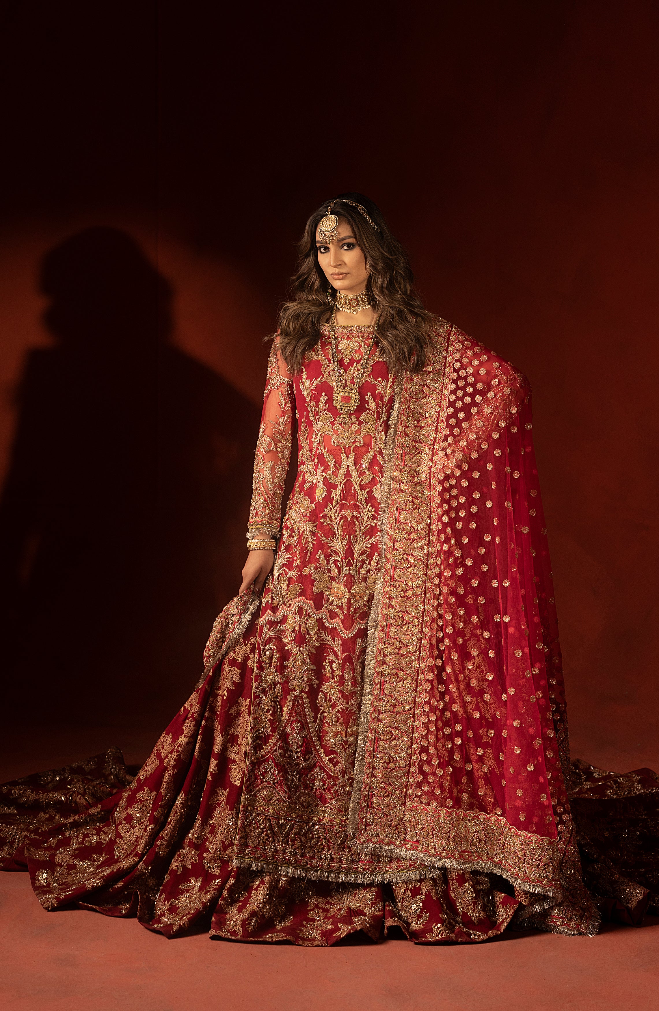 Pakistani Raspberry Red Embellished Silk Lehenga Set (3-Piece) - Image 2