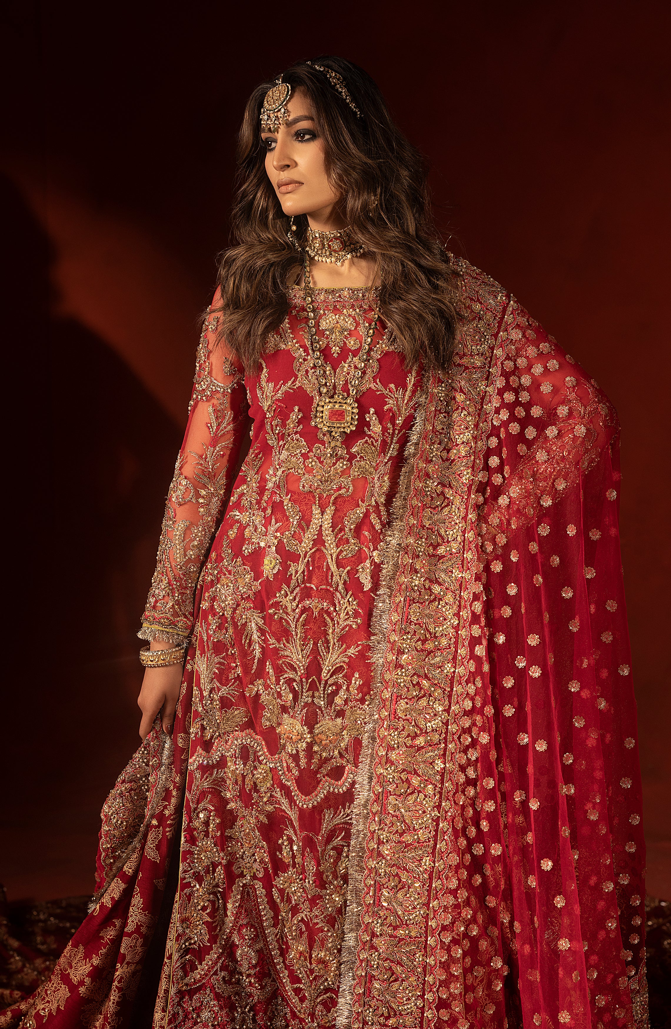 Pakistani Raspberry Red Embellished Silk Lehenga Set (3-Piece) - Image 3