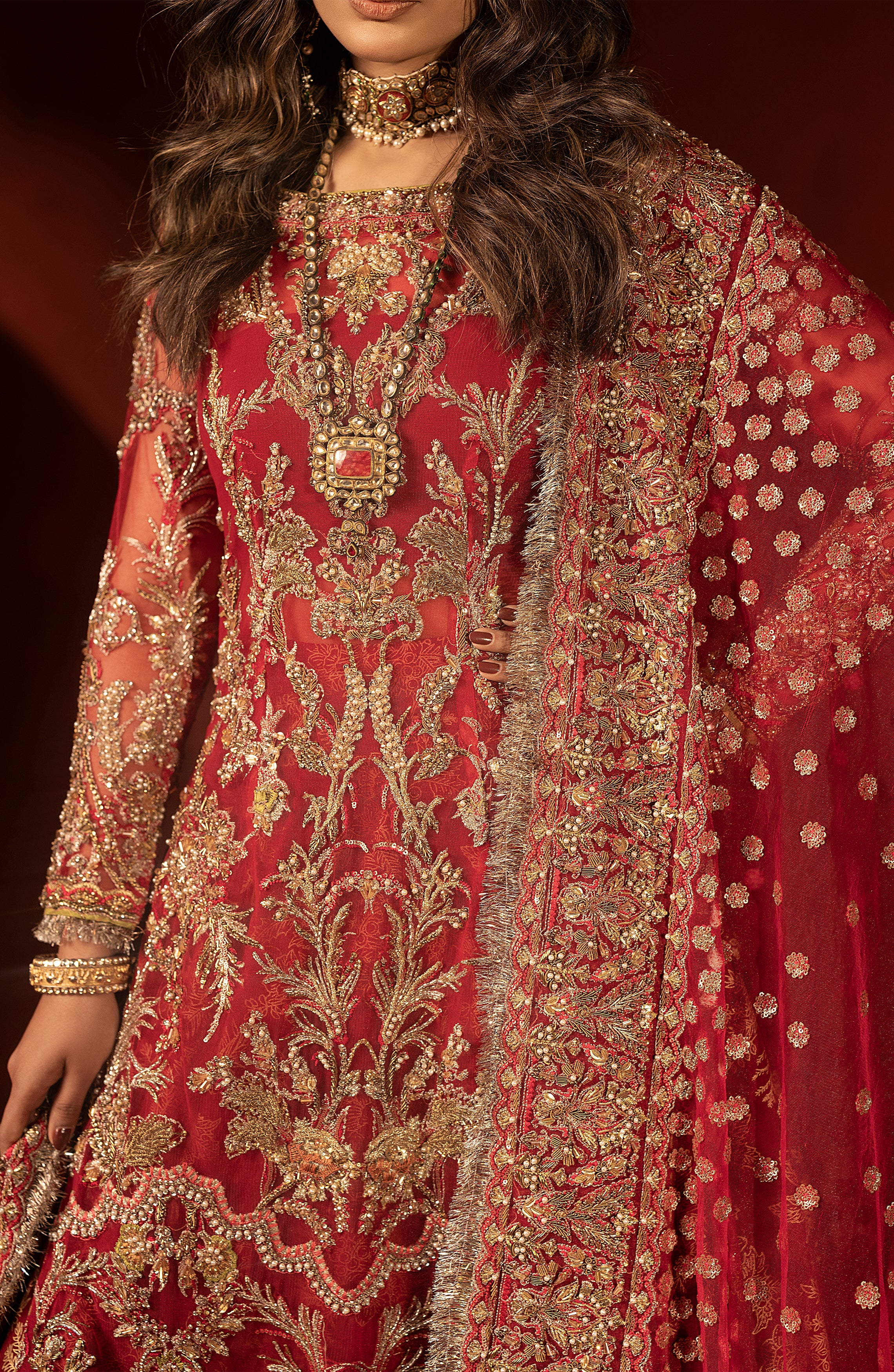 Pakistani Raspberry Red Embellished Silk Lehenga Set (3-Piece) - Image 4