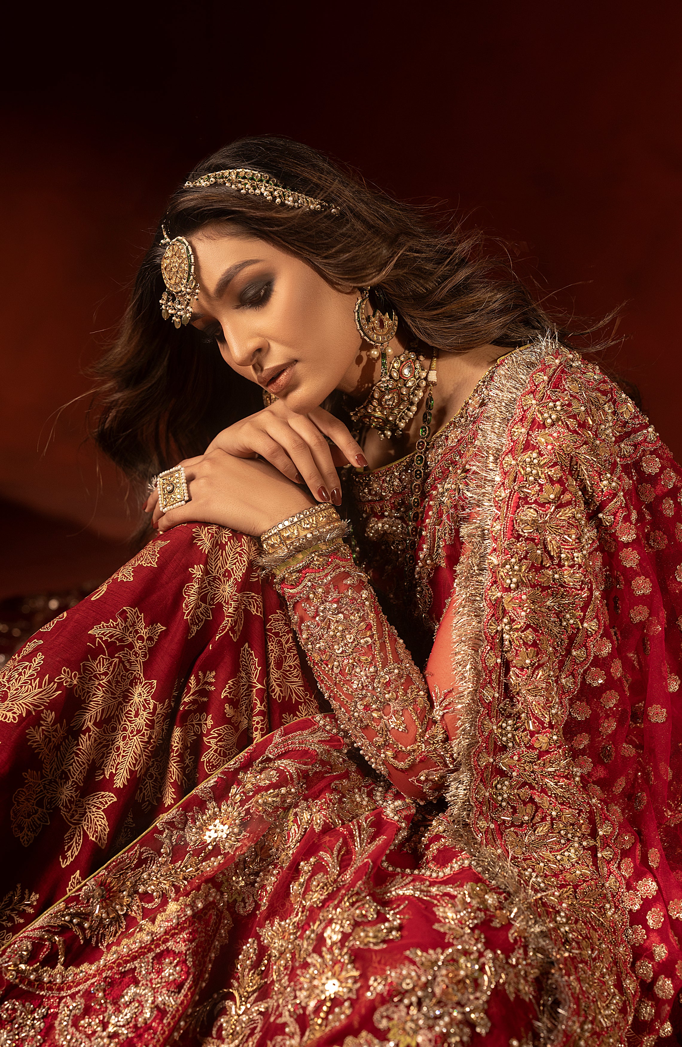 Pakistani Raspberry Red Embellished Silk Lehenga Set (3-Piece) - Image 6