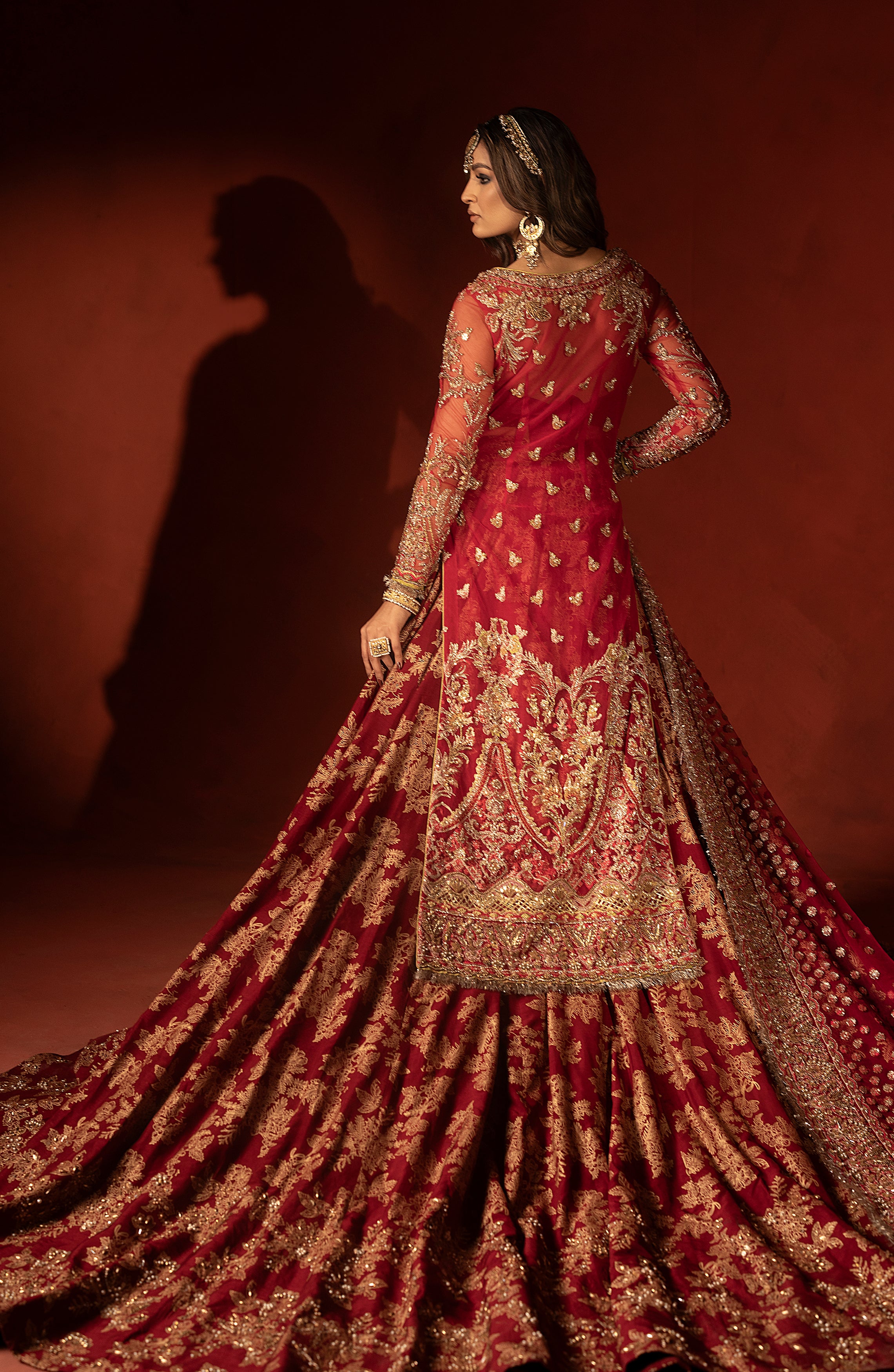 Pakistani Raspberry Red Embellished Silk Lehenga Set (3-Piece) - Image 7