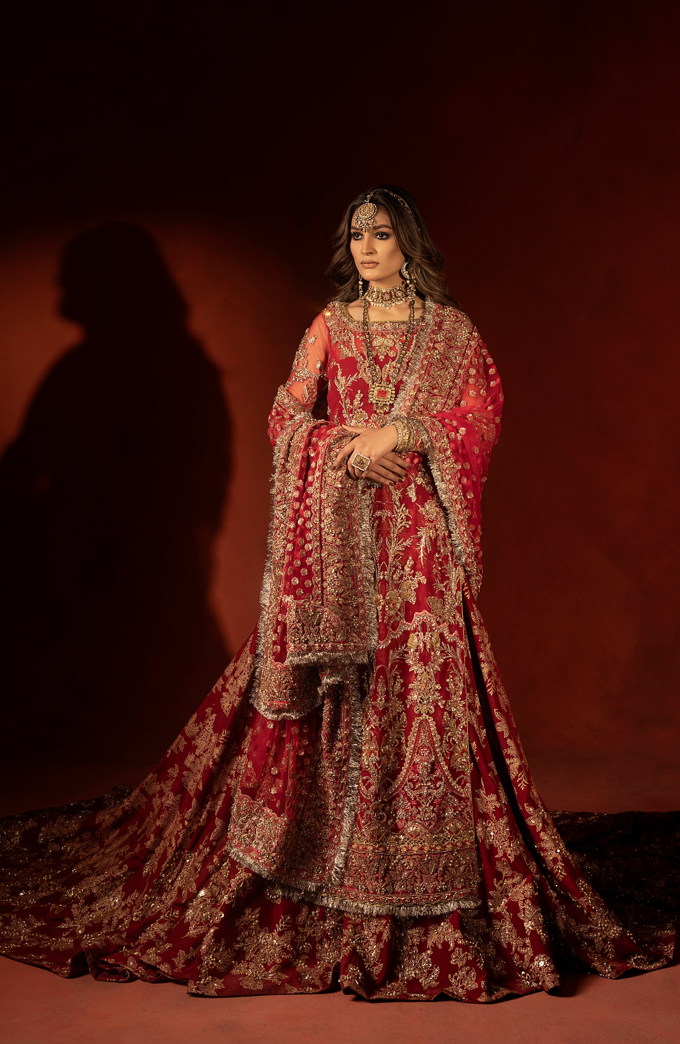Pakistani Raspberry Red Embellished Silk Lehenga Set (3-Piece) - Image 8