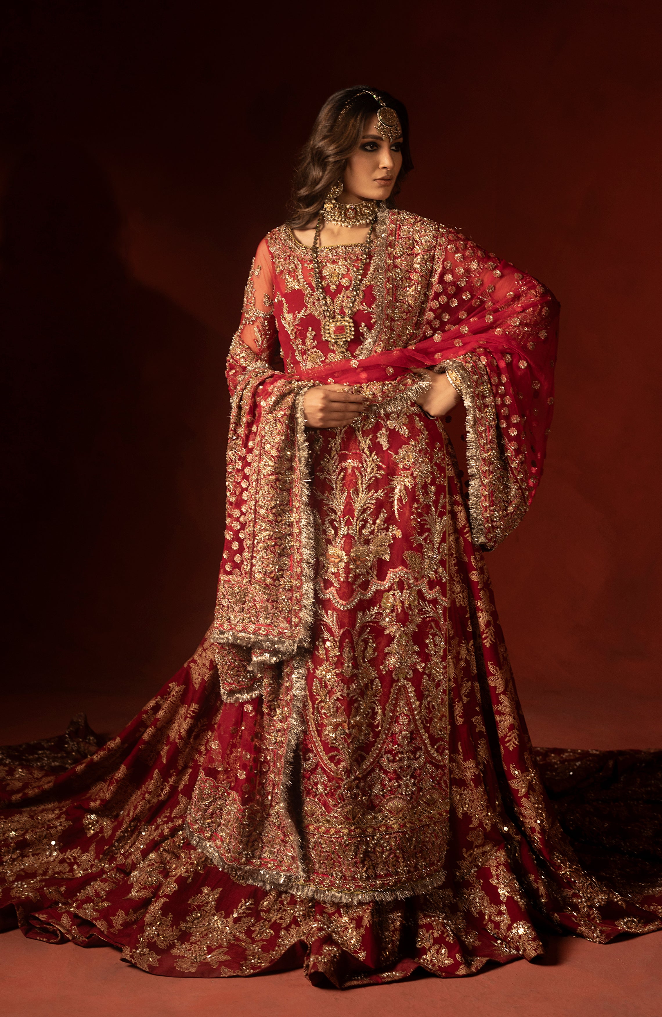 Pakistani Raspberry Red Embellished Silk Lehenga Set (3-Piece) - Image 9