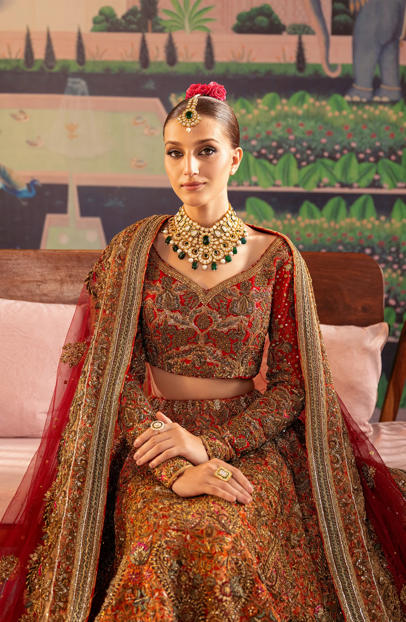 Pakistani Tangerine Red Zardozi Silk & Jamawar Bridal Lehenga (3-Piece) - Image 1