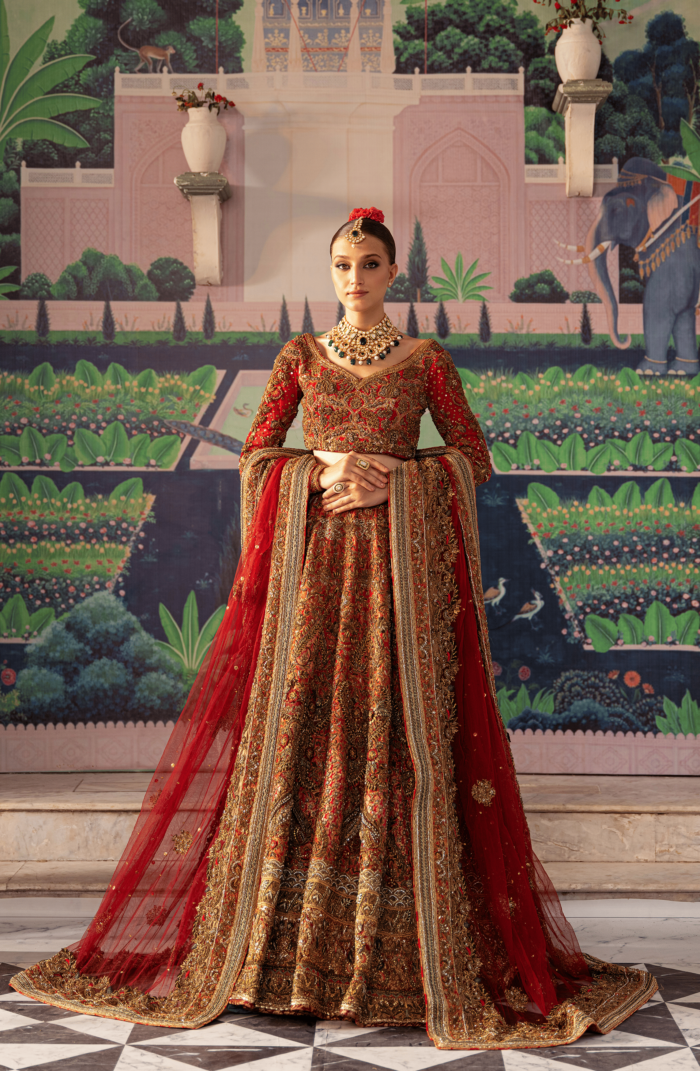 Pakistani Tangerine Red Zardozi Silk & Jamawar Bridal Lehenga (3-Piece) - Image 2