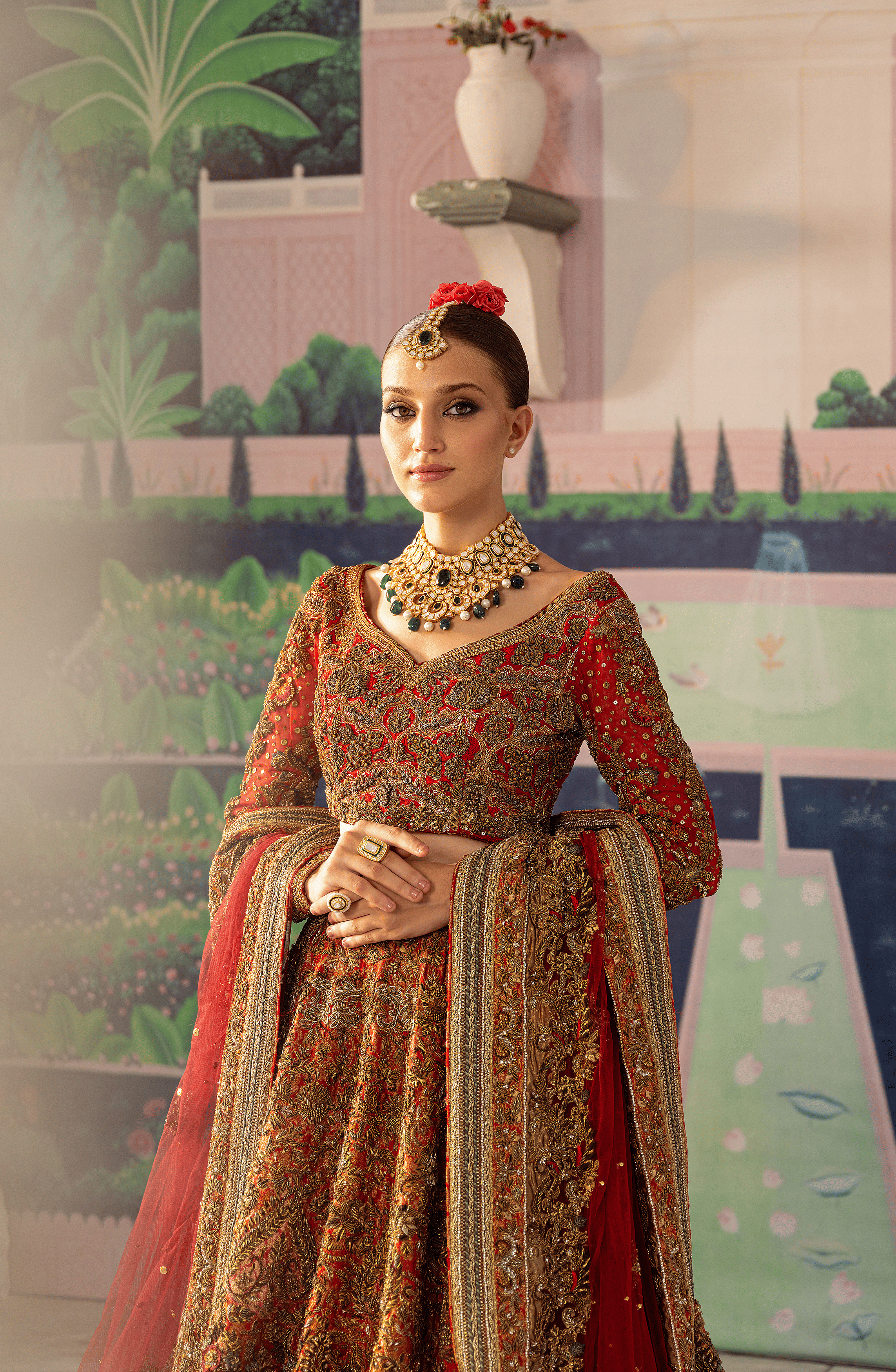 Pakistani Tangerine Red Zardozi Silk & Jamawar Bridal Lehenga (3-Piece) - Image 3