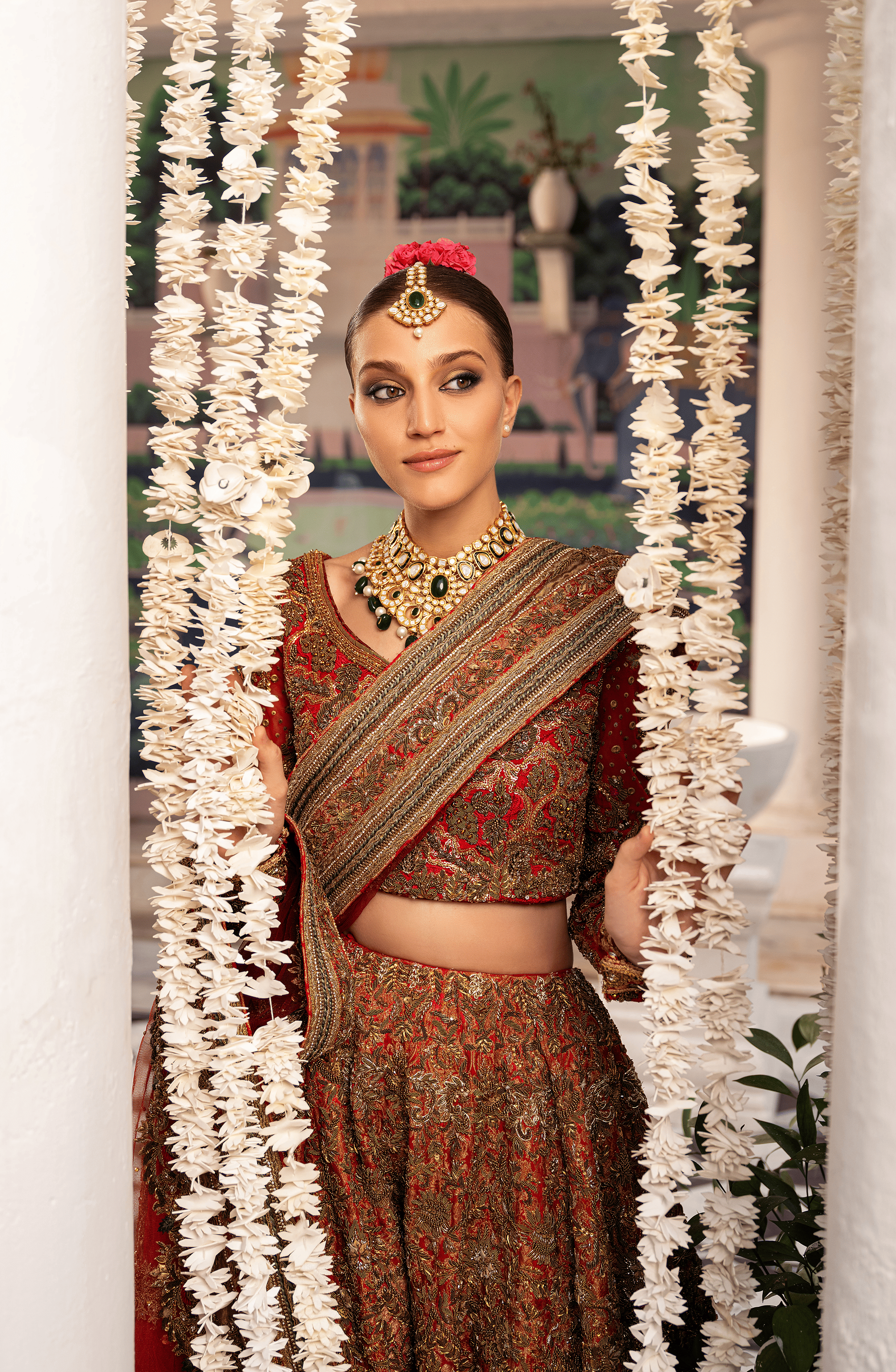 Pakistani Tangerine Red Zardozi Silk & Jamawar Bridal Lehenga (3-Piece) - Image 4