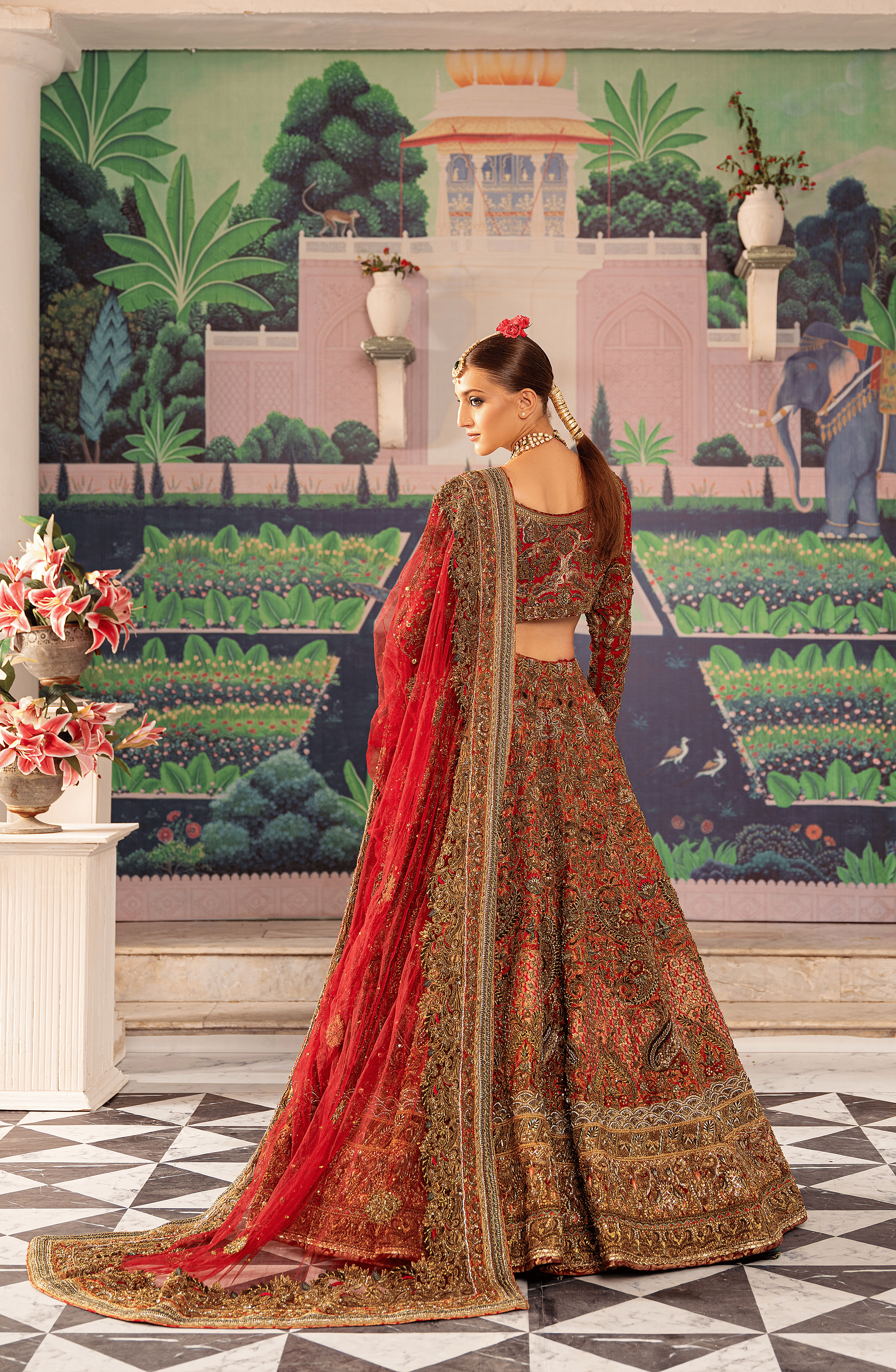 Pakistani Tangerine Red Zardozi Silk & Jamawar Bridal Lehenga (3-Piece) - Image 5