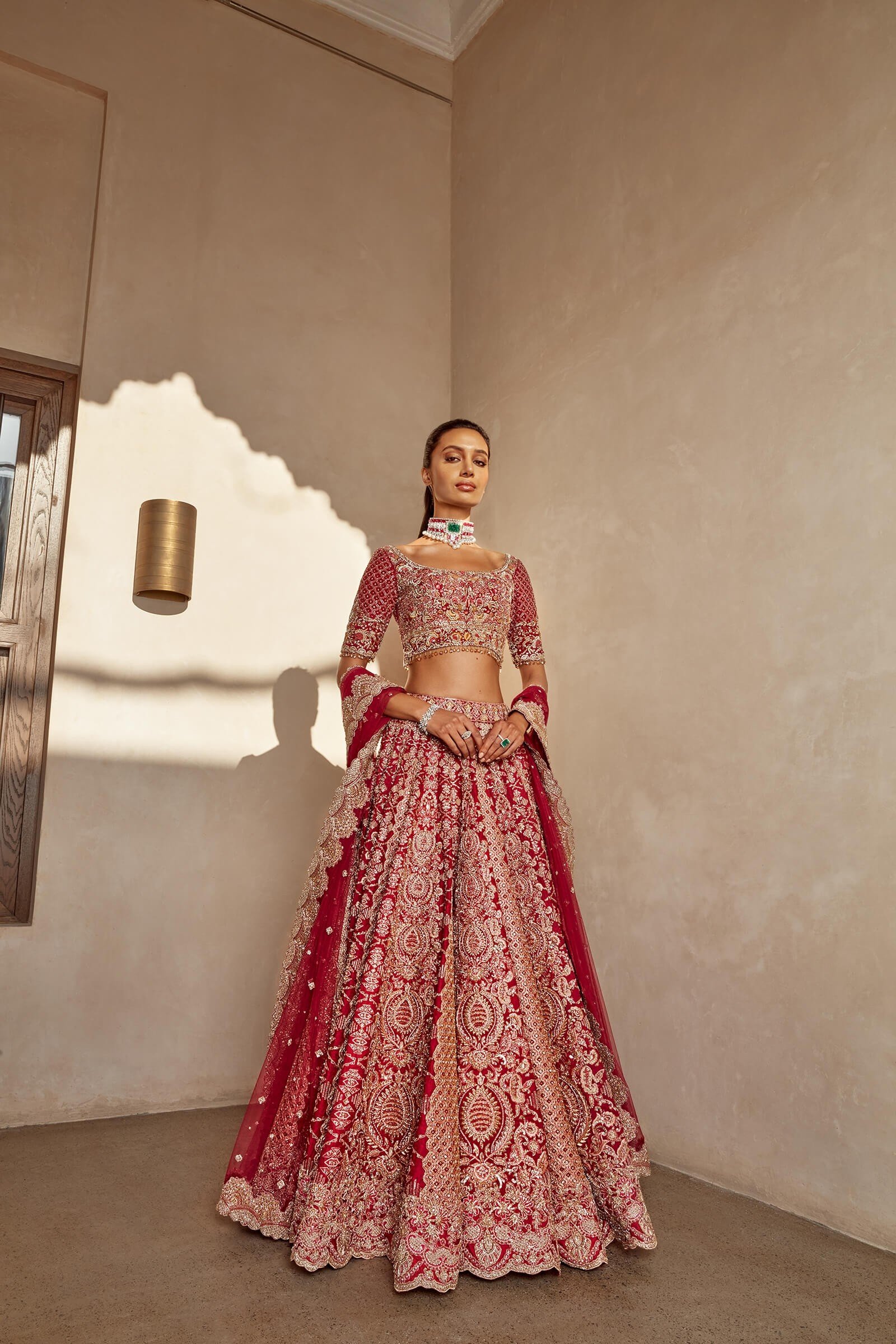 Pakistani Deep Red Zardozi Silk Bridal Lehenga (3-Piece) - Image 1