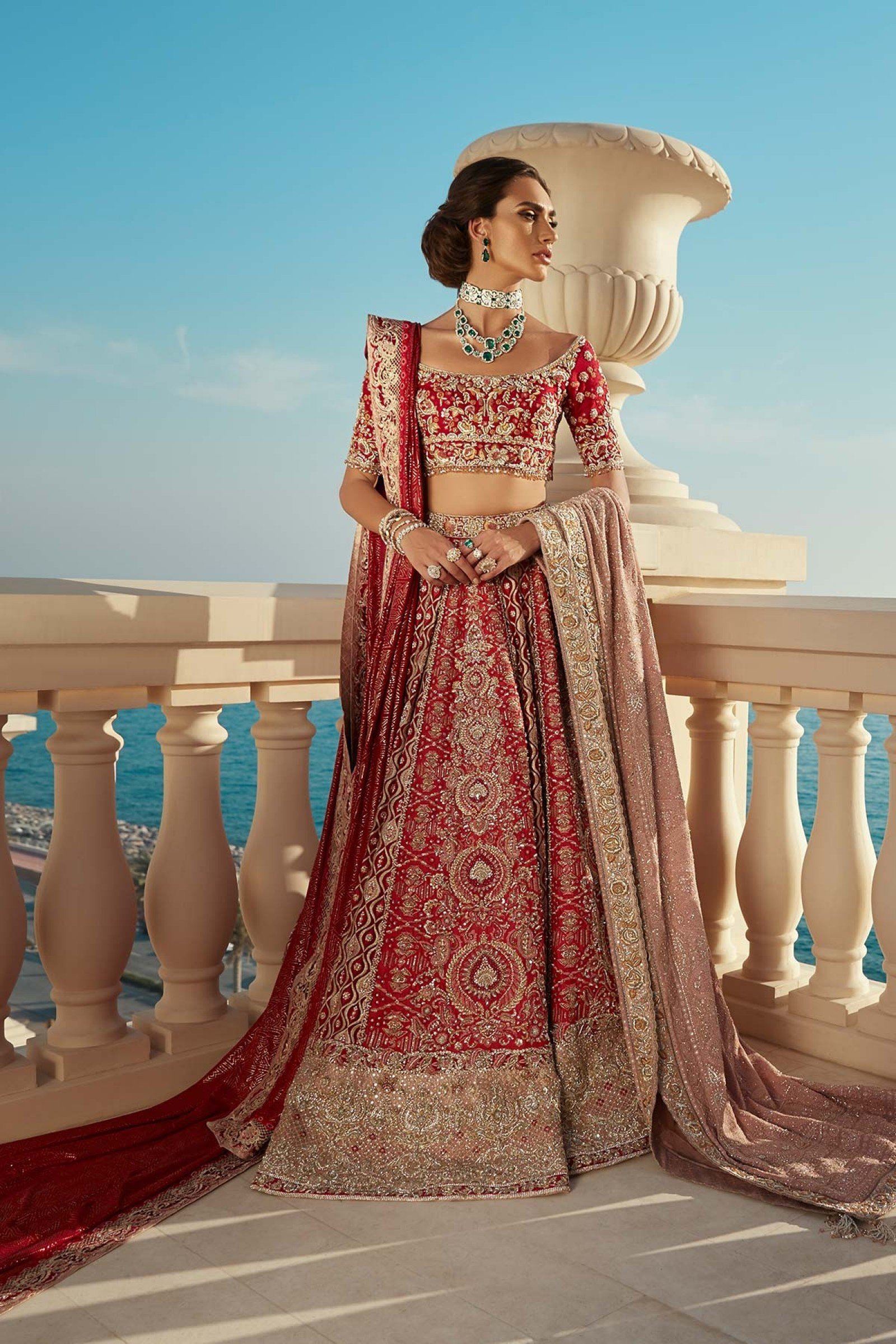 Deep Red Zardozi Resham Silk Bridal Lehenga (3-Piece) - Image 1