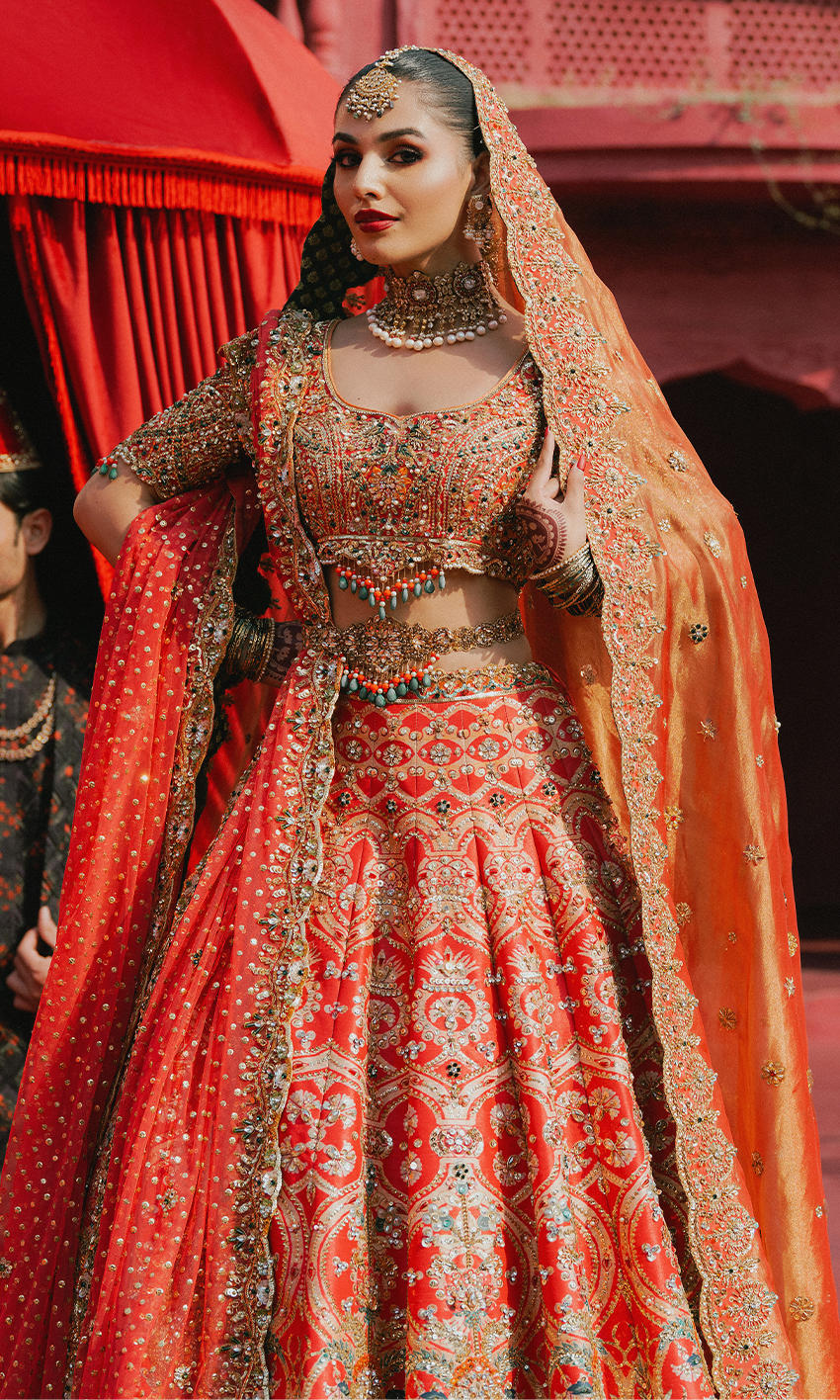 Pakistani Watermelon Gold Embroidered Silk Bridal Lehnga Choli (3-Piece) - Image 1