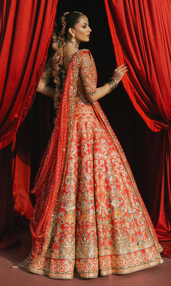 Pakistani Watermelon Gold Embroidered Silk Bridal Lehnga Choli (3-Piece) - Image 3
