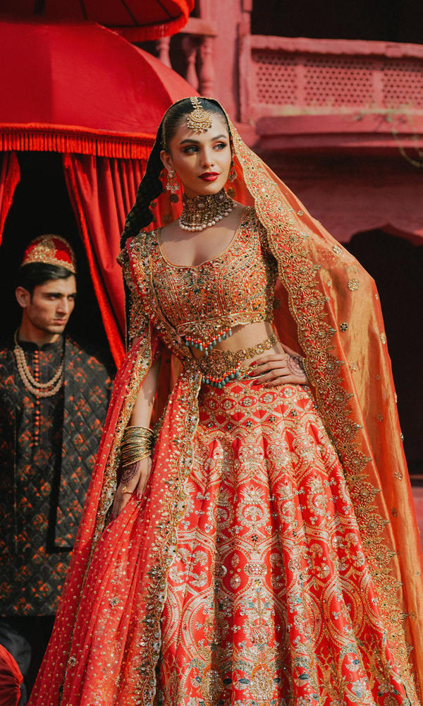 Pakistani Watermelon Gold Embroidered Silk Bridal Lehnga Choli (3-Piece) - Image 6