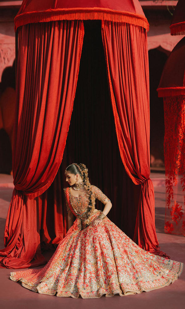 Pakistani Watermelon Gold Embroidered Silk Bridal Lehnga Choli (3-Piece) - Image 8