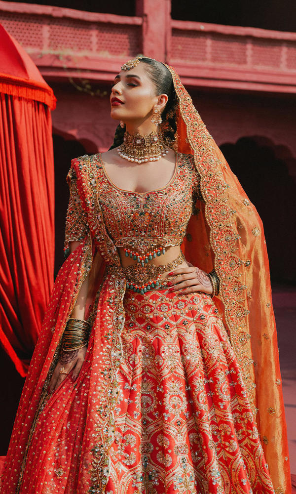 Pakistani Watermelon Gold Embroidered Silk Bridal Lehnga Choli (3-Piece) - Image 9
