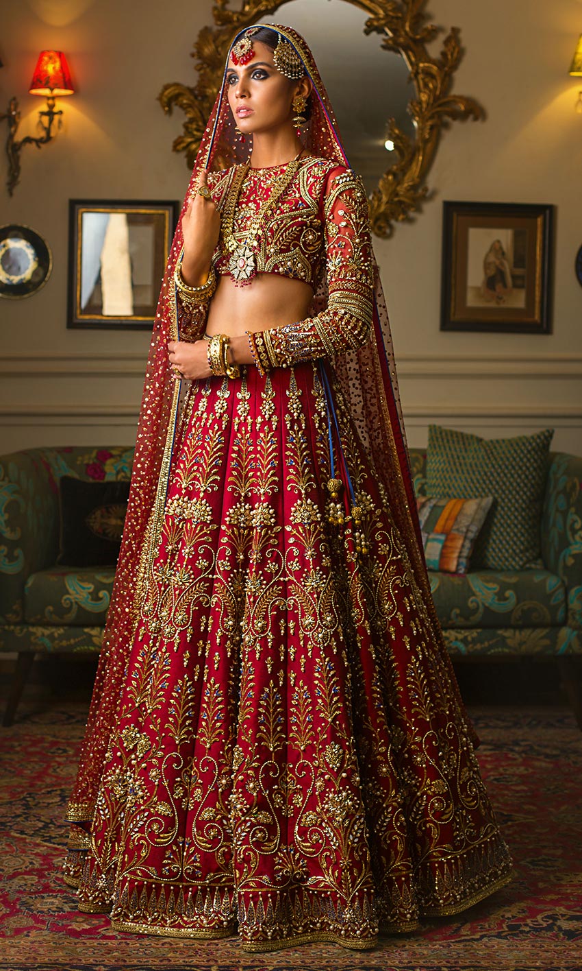 Pakistani Red Embroidered Silk Bridal Lehenga (3-Piece) - Image 1