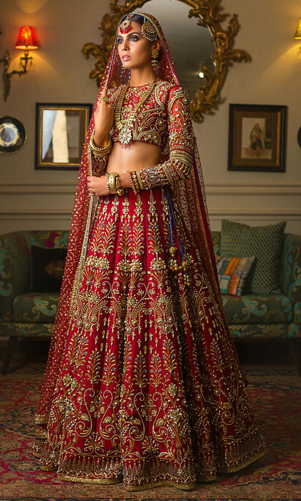 Pakistani Red Embroidered Silk Bridal Lehenga (3-Piece) - Image 2