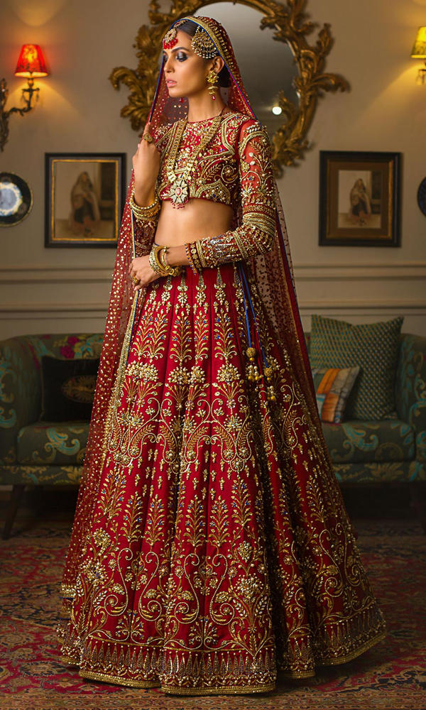 Pakistani Red Embroidered Silk Bridal Lehenga (3-Piece) - Image 3