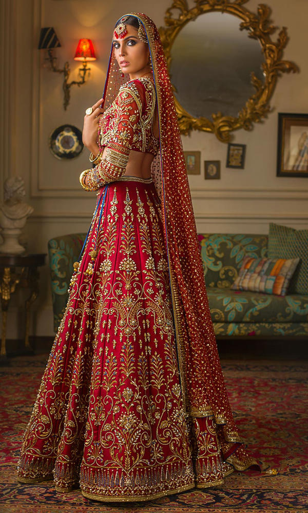 Pakistani Red Embroidered Silk Bridal Lehenga (3-Piece) - Image 4