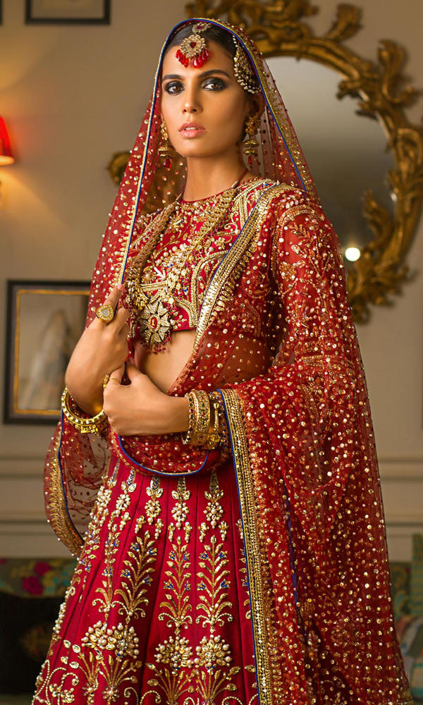 Pakistani Red Embroidered Silk Bridal Lehenga (3-Piece) - Image 5