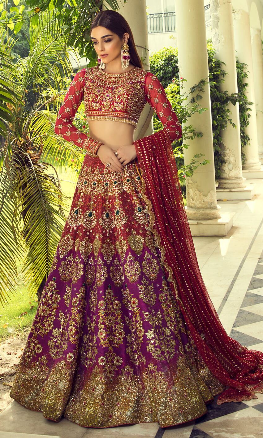 Pakistani Red and Purple Embroidered Silk Bridal Lehenga Choli (3-Piece) - Image 1