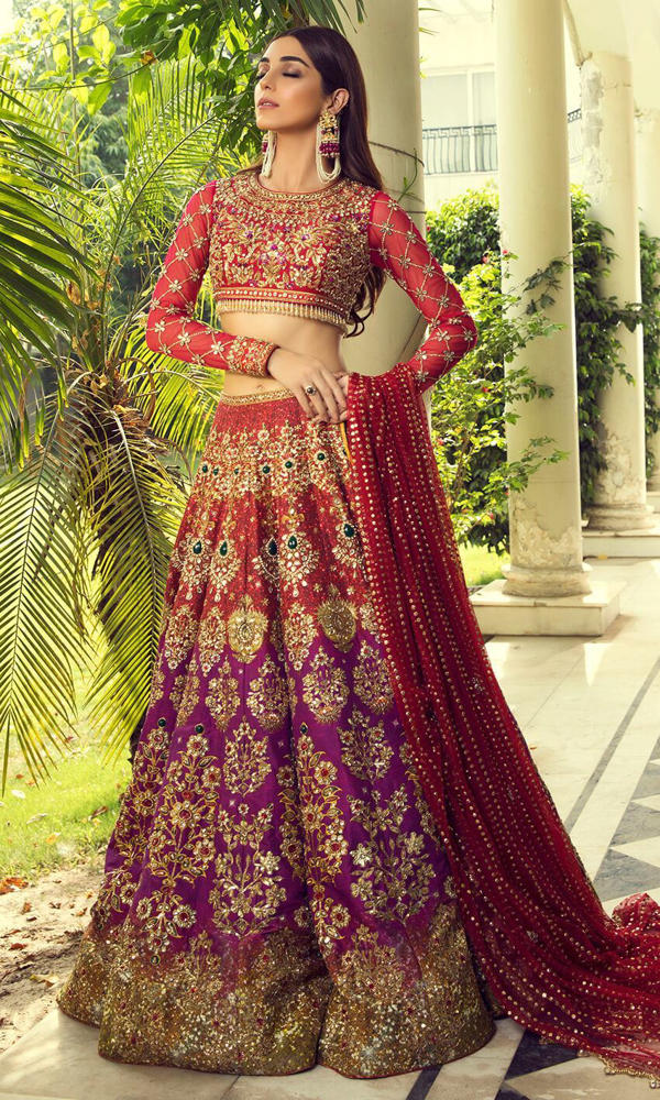 Pakistani Red and Purple Embroidered Silk Bridal Lehenga Choli (3-Piece) - Image 3