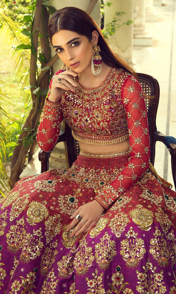 Pakistani Red and Purple Embroidered Silk Bridal Lehenga Choli (3-Piece) - Image 4