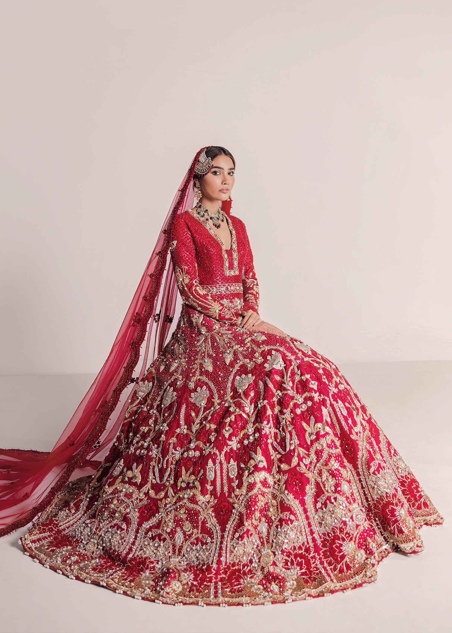 Pakistani Red Embellished Silk Bridal Lehenga (3-Piece) - Image 2