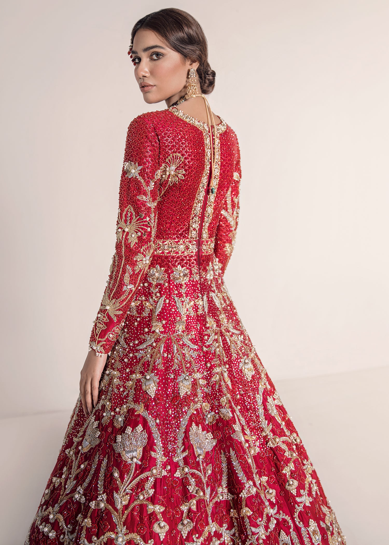 Pakistani Red Embellished Silk Bridal Lehenga (3-Piece) - Image 3