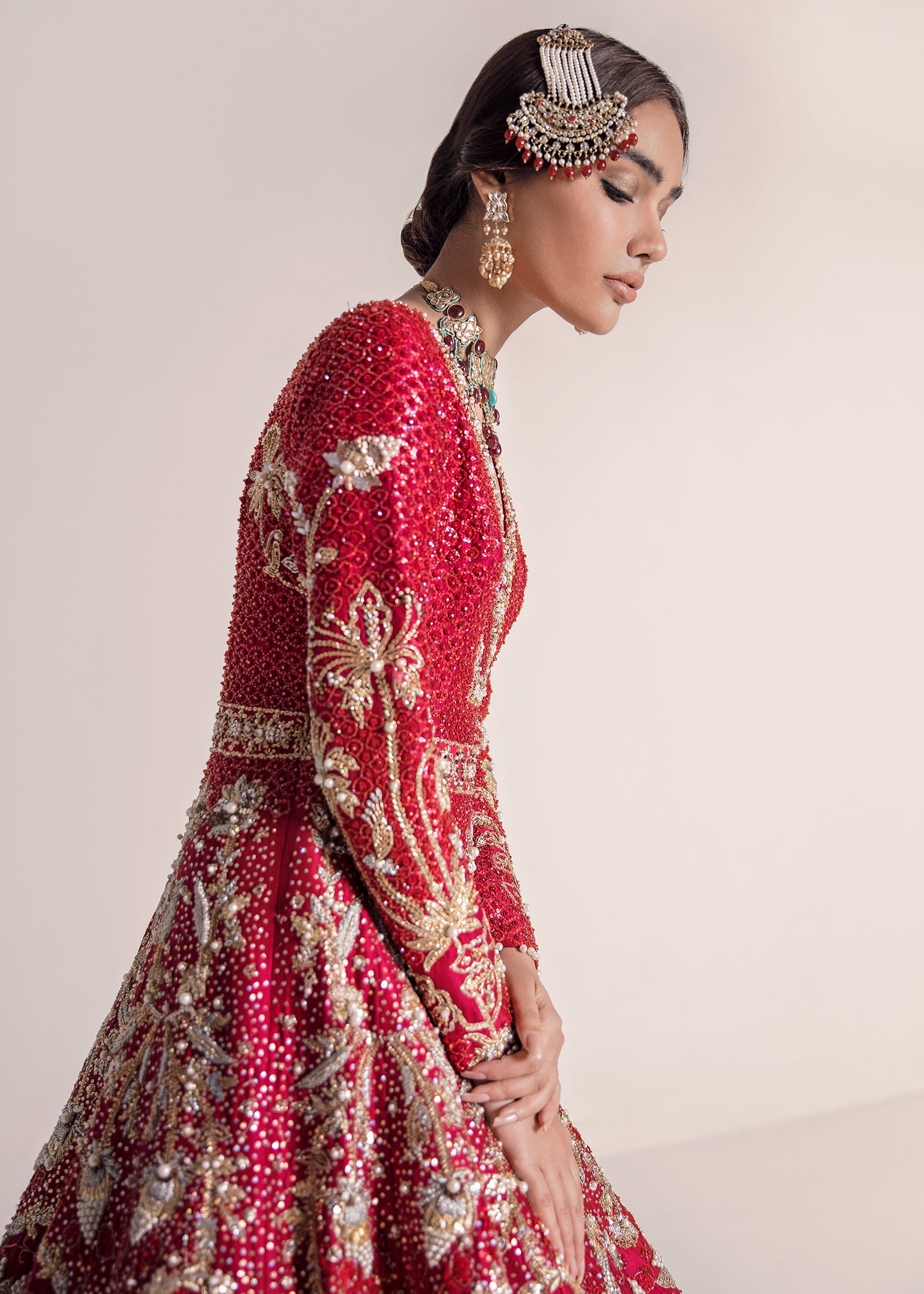Pakistani Red Embellished Silk Bridal Lehenga (3-Piece) - Image 5